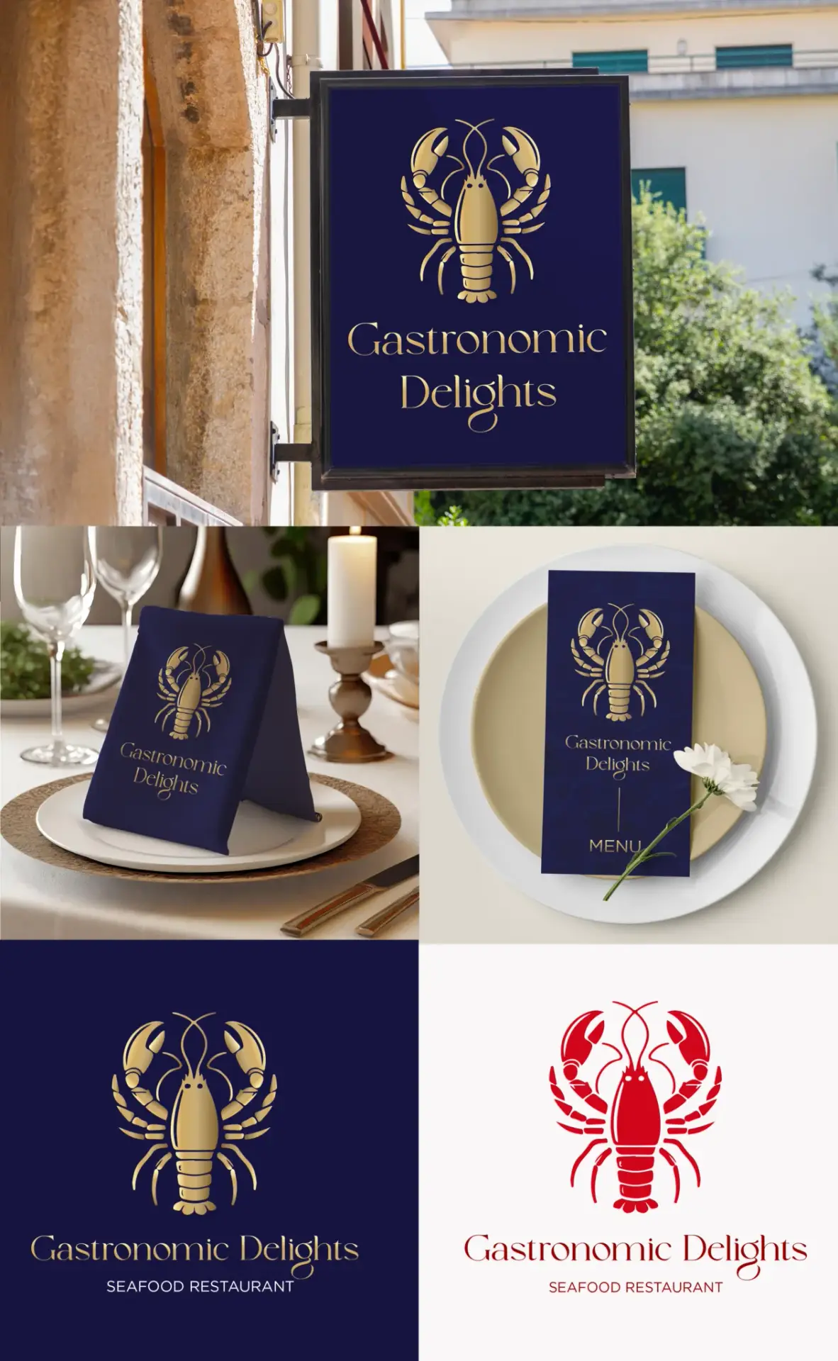 Luxury seafood restaurant logo design with gold lobster emblem on navy background, branding mockups by Flowora Creative Lab