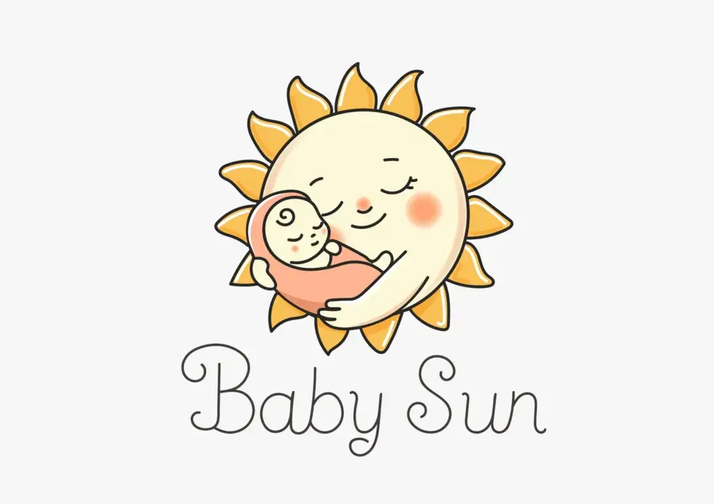 Baby Sun newborn clothing brand logo with sun holding baby illustration