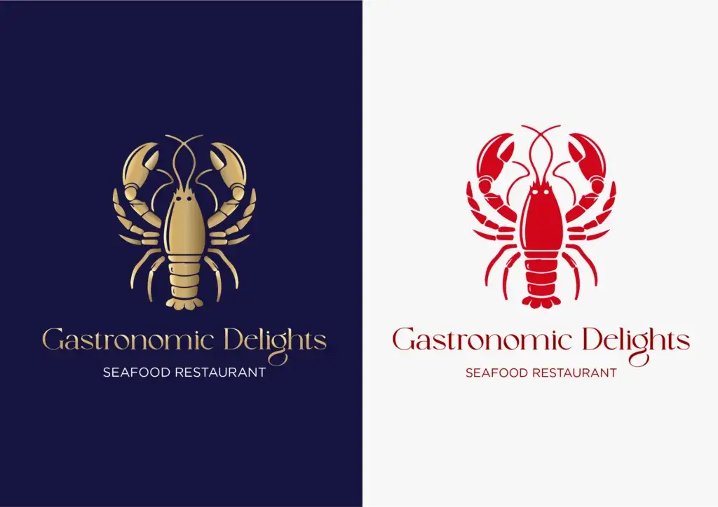 Gastronomic Delights seafood restaurant logo featuring elegant lobster emblem