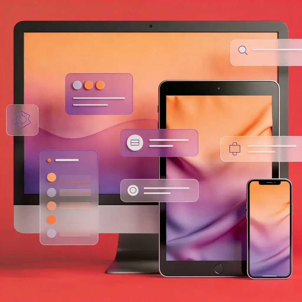 Responsive web, app, and SaaS design process with modern UI components across desktop, tablet, and mobile screens