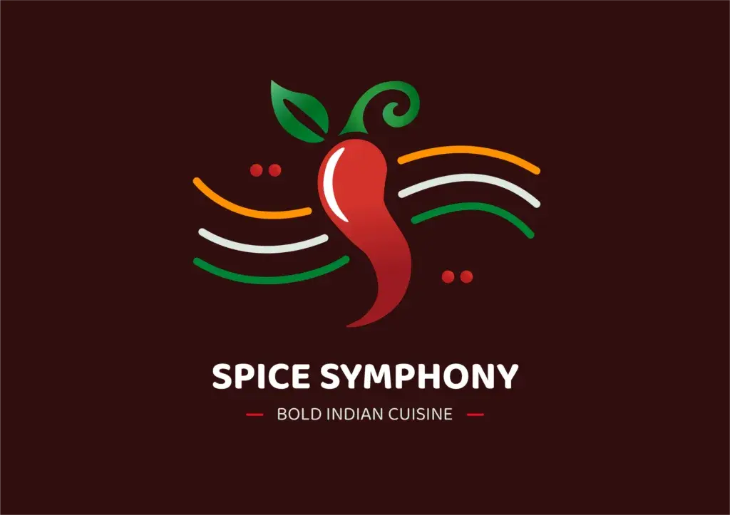 Spice Symphony Indian restaurant logo featuring red chili pepper and tricolor wave design