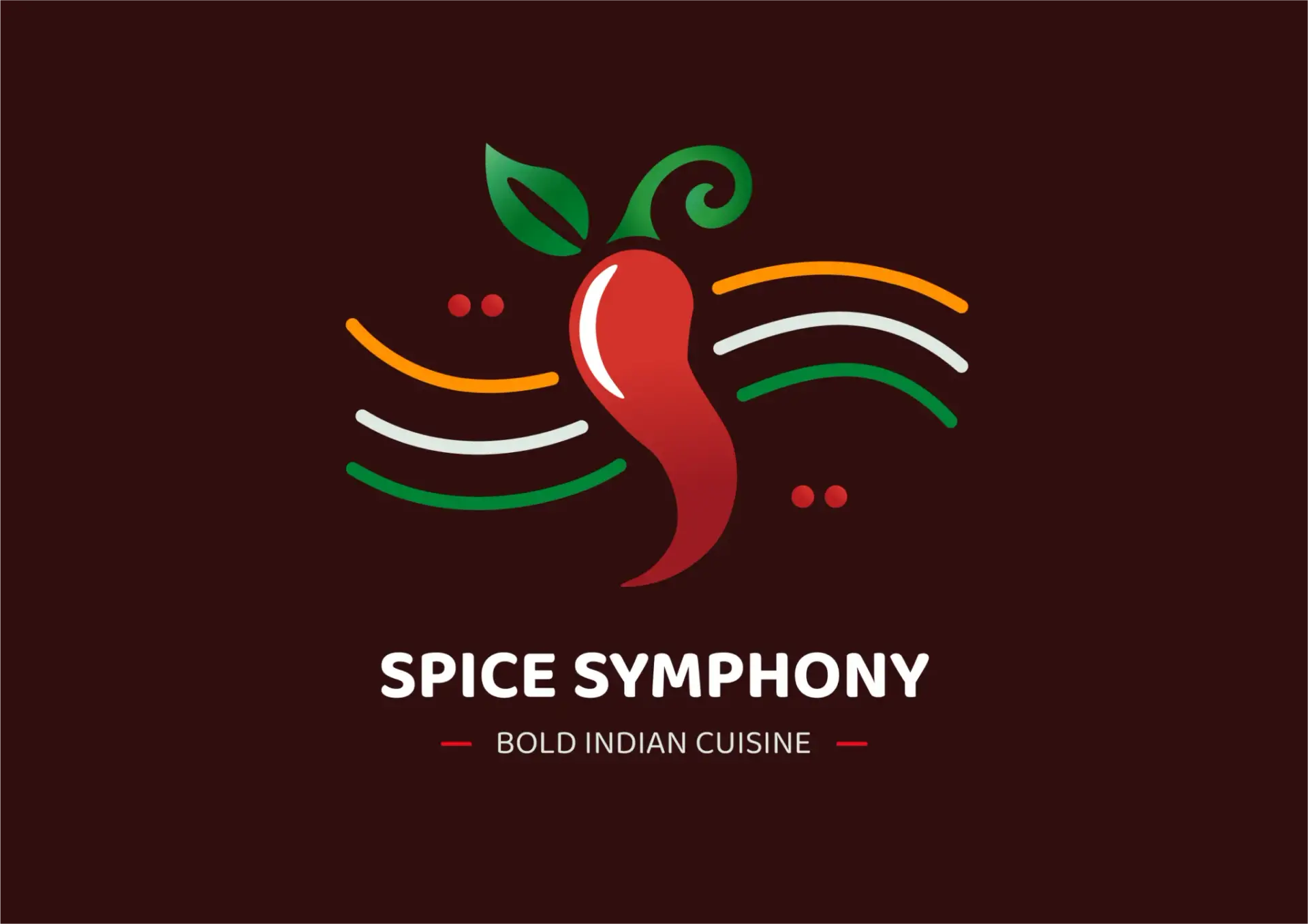 Spice Symphony Indian restaurant logo featuring red chili pepper and tricolor wave design