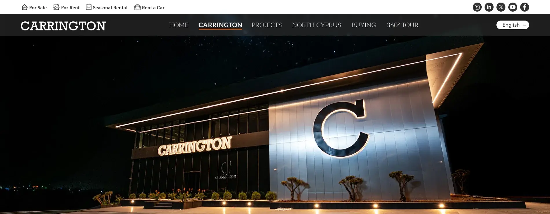The Carrington real estate headquarters building in Northern Cyprus showcases modern corporate architecture and trusted property development brand
