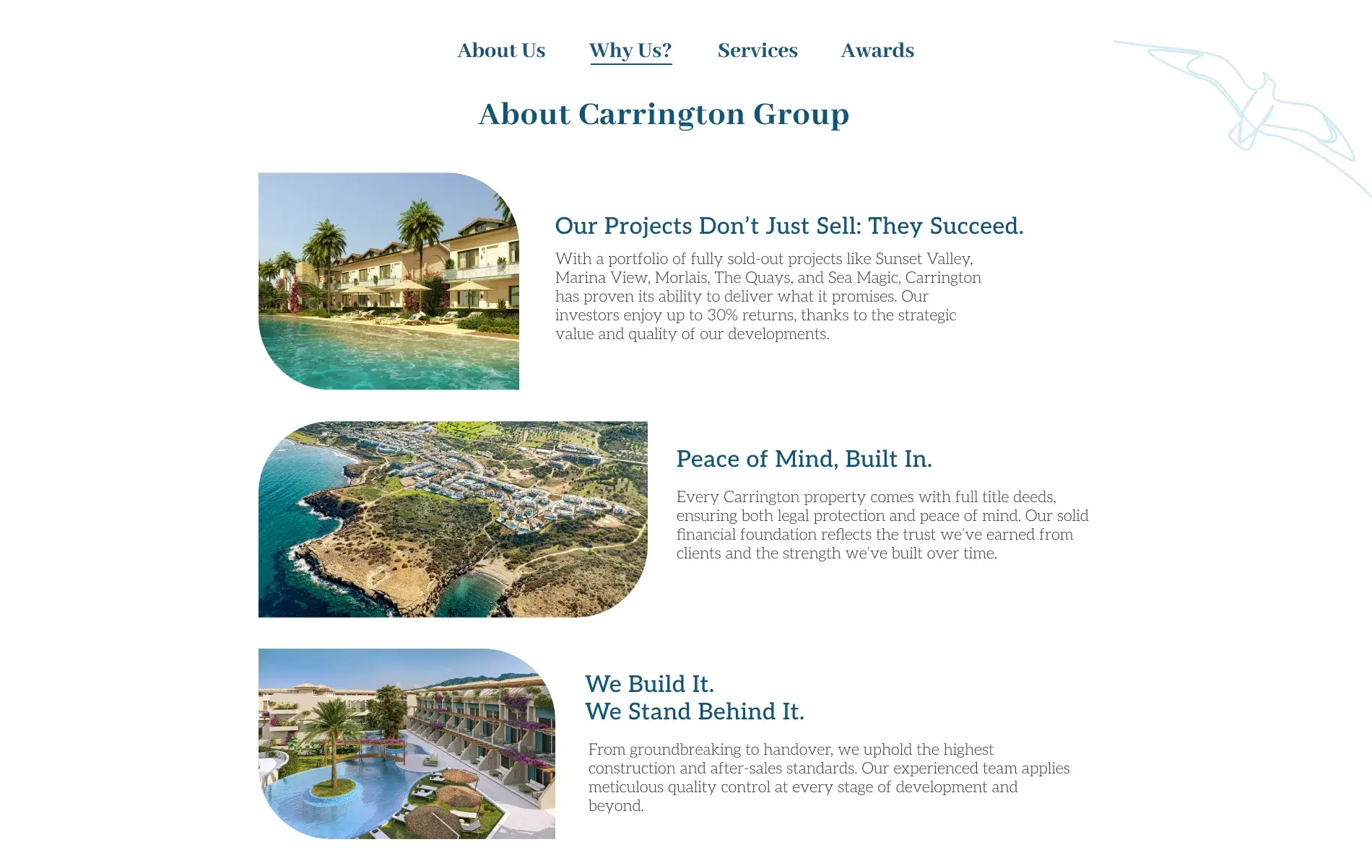 Carrington Group real estate developments in Northern Cyprus showcasing successful sold out projects, coastal communities and secure property investment with full title deeds