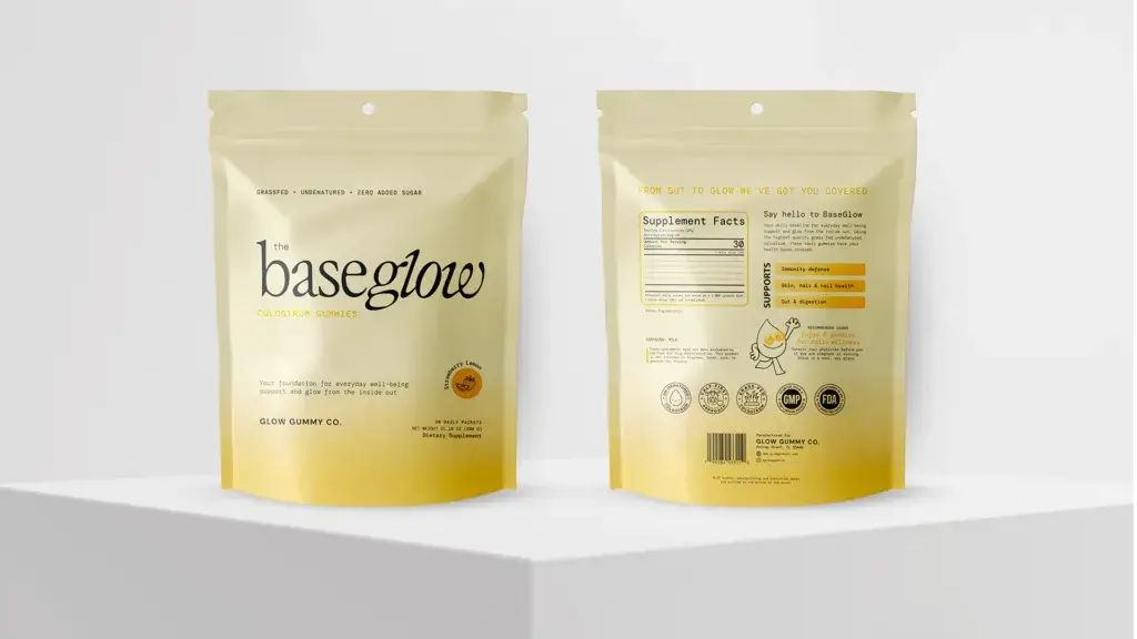 BaseGlow colostrum gummy supplement packaging mockup, modern yellow doypack design front and back