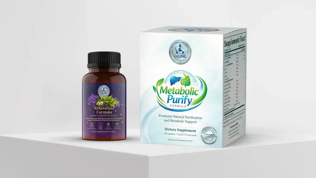 Ozone dietary supplement packaging design featuring Metabolic Purify formula box and Relaxation formula capsule bottle
