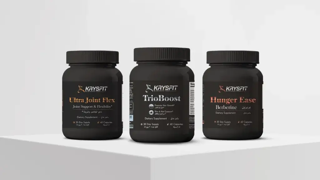 KRYSFIT supplement bottle packaging design with joint support, hair growth, and berberine products in black containers