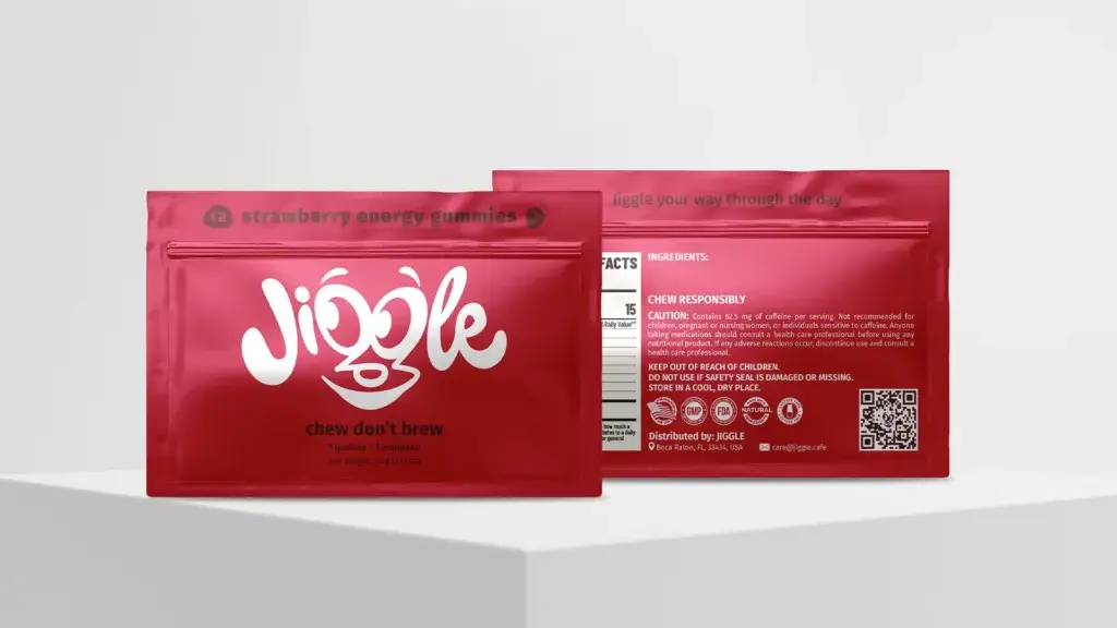 JIGGLE strawberry energy gummies caffeine supplement packaging mockup front and back pink pouch