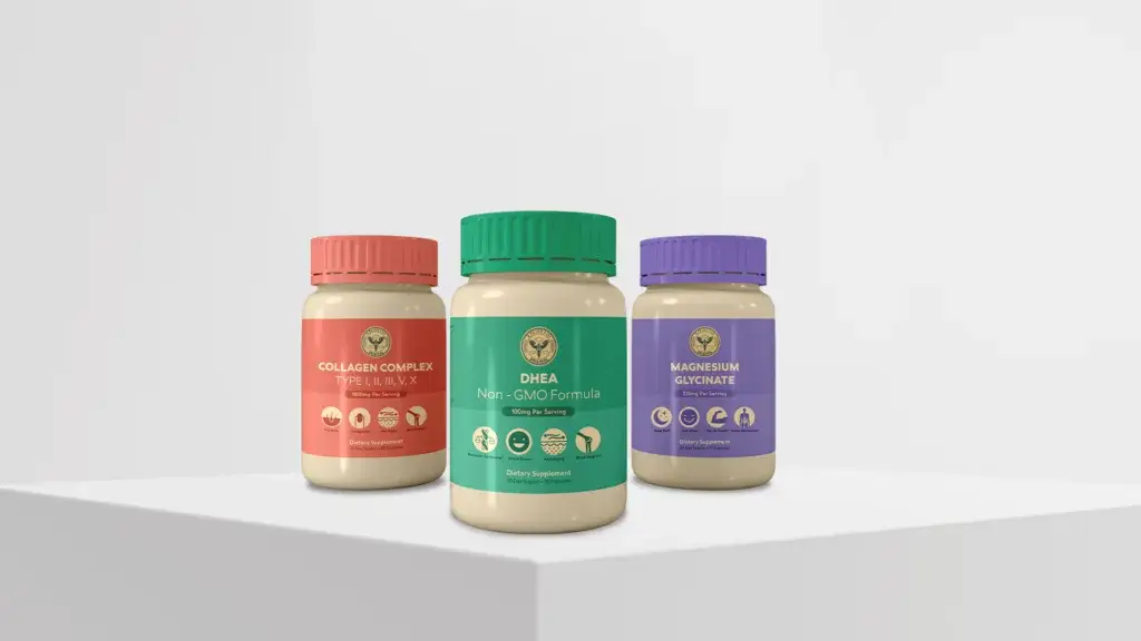 Collagen Complex, DHEA, and Magnesium Glycinate supplement bottle packaging design collection