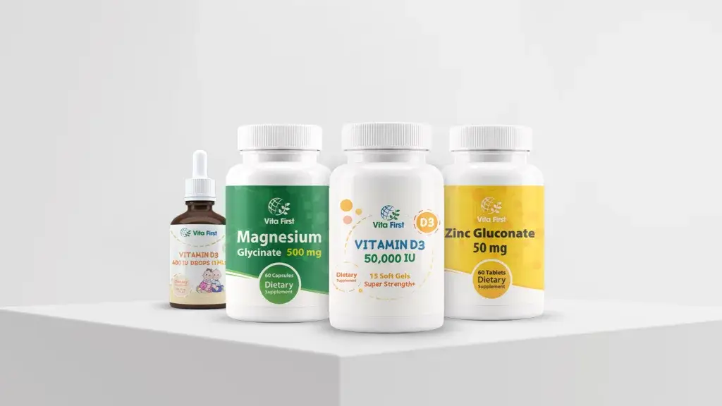 Vita First dietary supplement bottle packaging design with Vitamin D3 50,000 IU, Magnesium Glycinate 500 mg, and Zinc Gluconate 50 mg