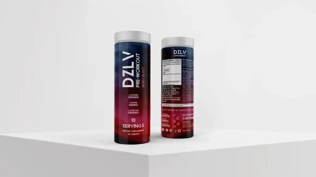 DZLV Pre-Workout Berry Blast dietary supplement packaging design showing front and back cylindrical tube