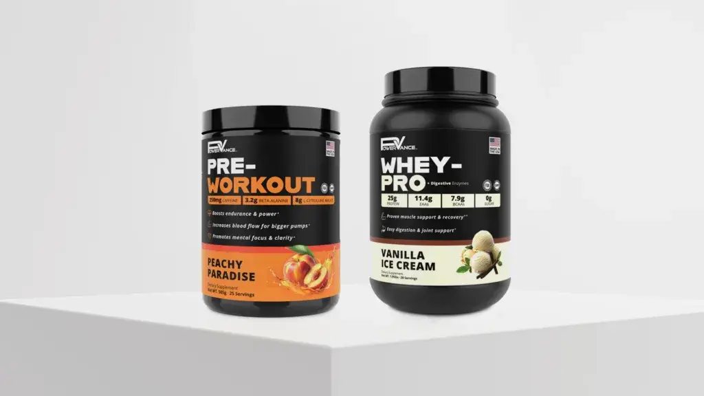 Powervance Pre-Workout and Whey Pro protein supplement packaging design mockup on black jars