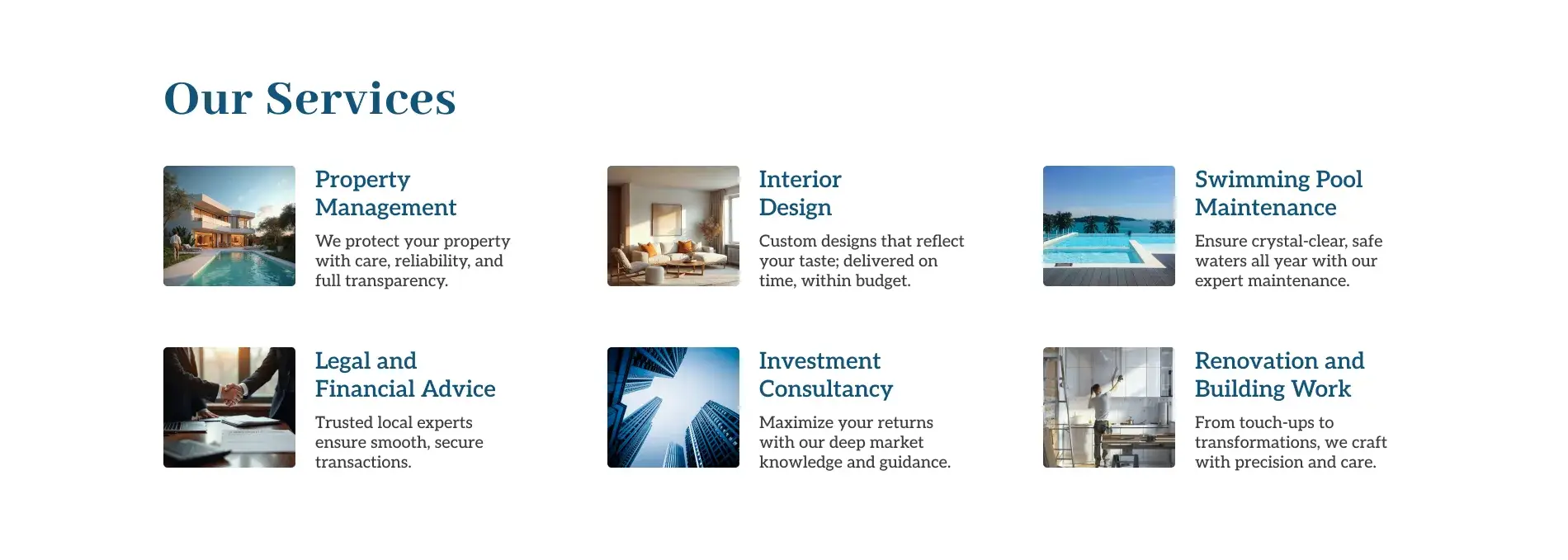 Comprehensive real estate services in Northern Cyprus, including property management, investment consultancy, legal advice, renovation and interior design for luxury villas and apartments