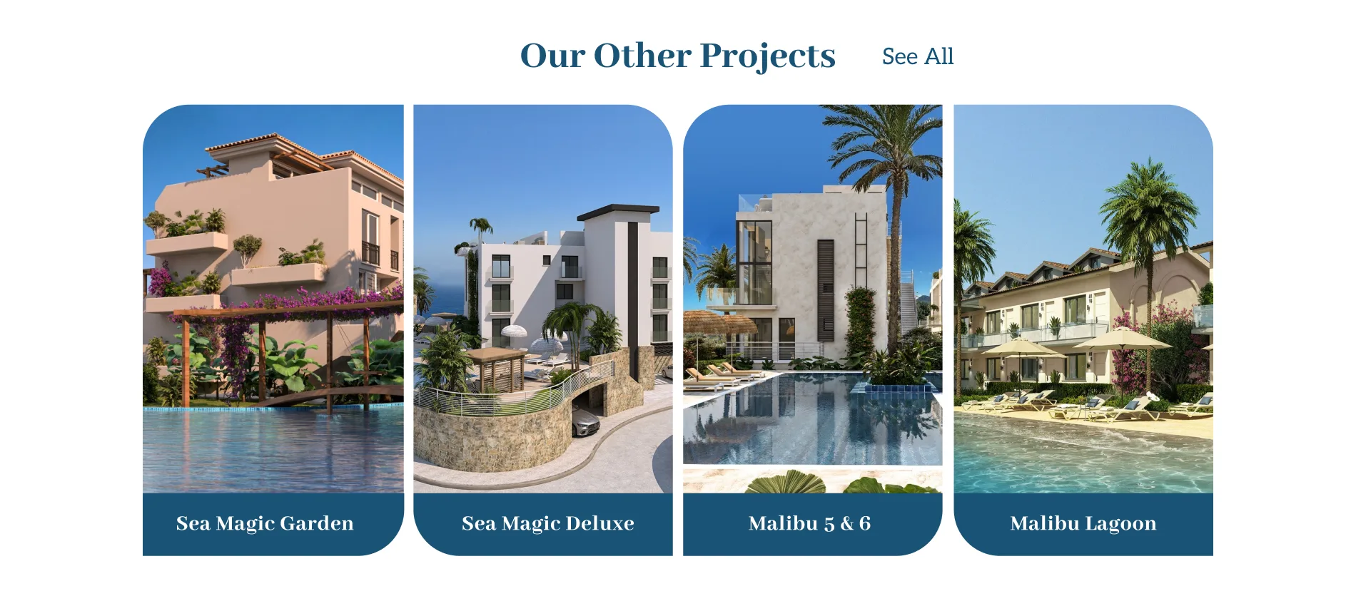 Luxury residential developments in Northern Cyprus including Sea Magic Garden, Sea Magic Deluxe, Malibu 5 & 6 and Malibu Lagoon offering modern Mediterranean apartments and villas